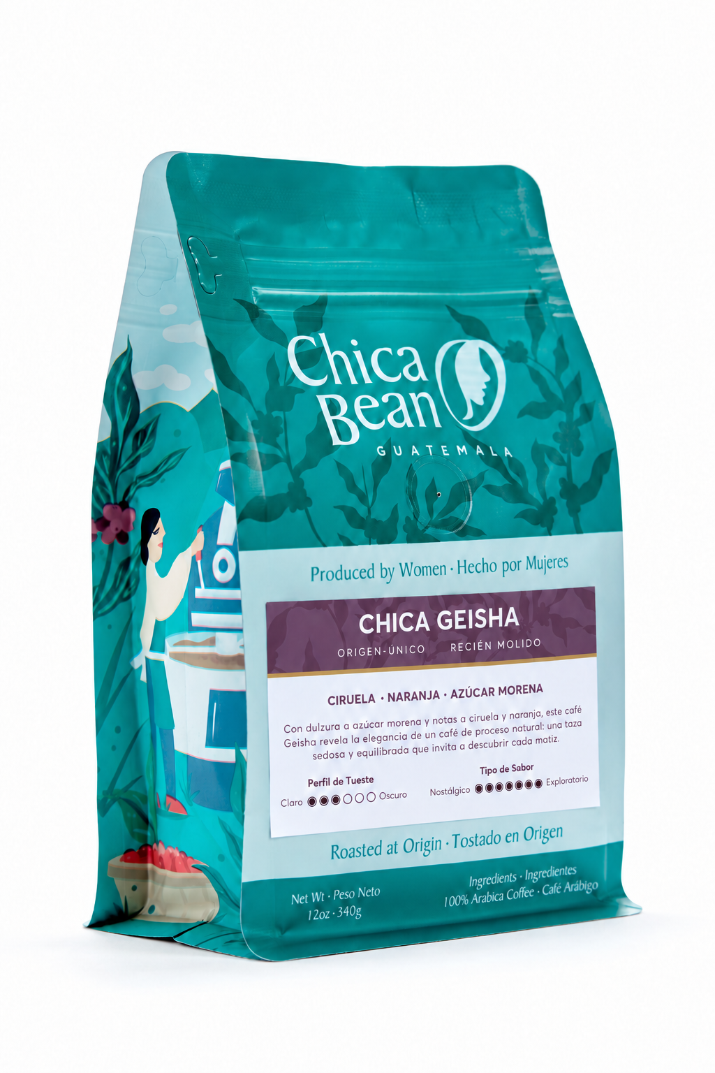 Chica Geisha recién molido, café de proceso natural de Guatemala, bolsa de 12 oz (340 g).